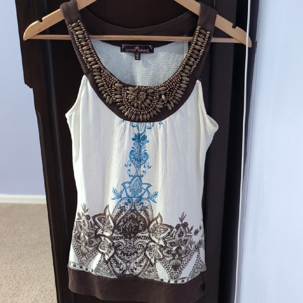 Almost Famous White and Brown Embellished Tank Top